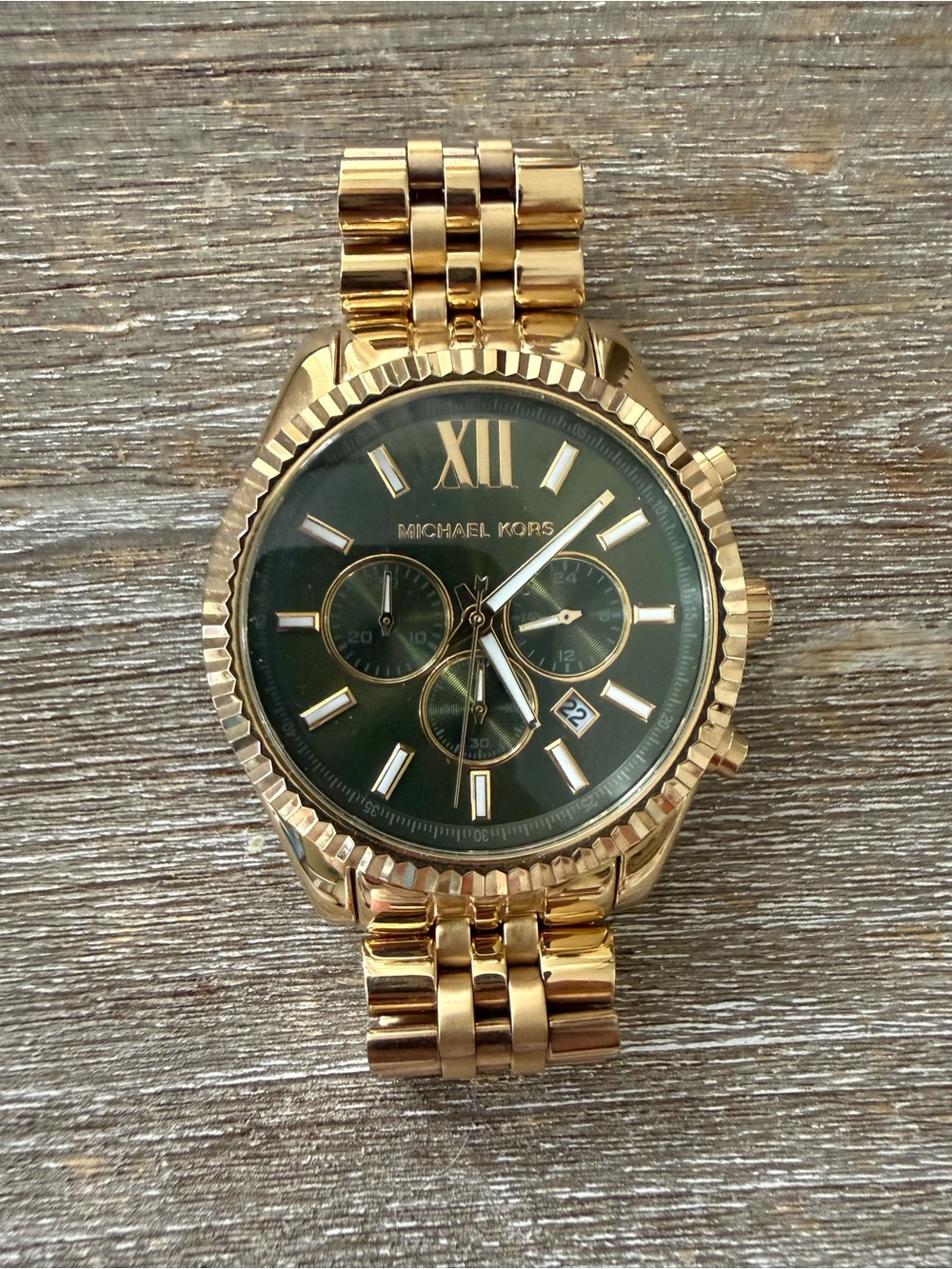 Michael Kors Men’s Lexington Gold Tone Oversized Watch with Green Dial MK8446